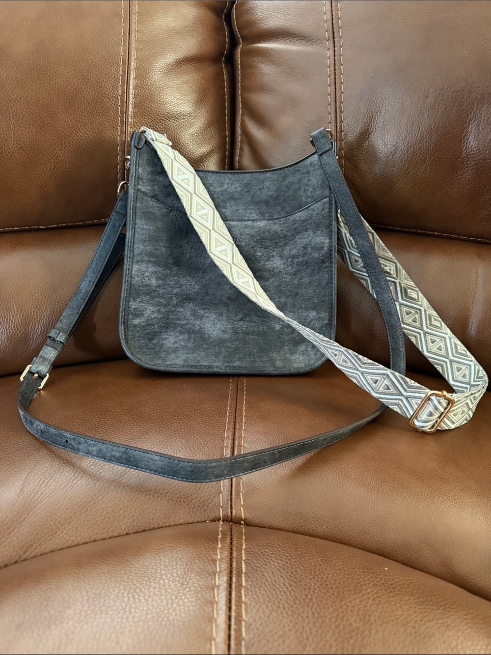 Gray Vegan Leather Crossbody Bag with Patterned Strap